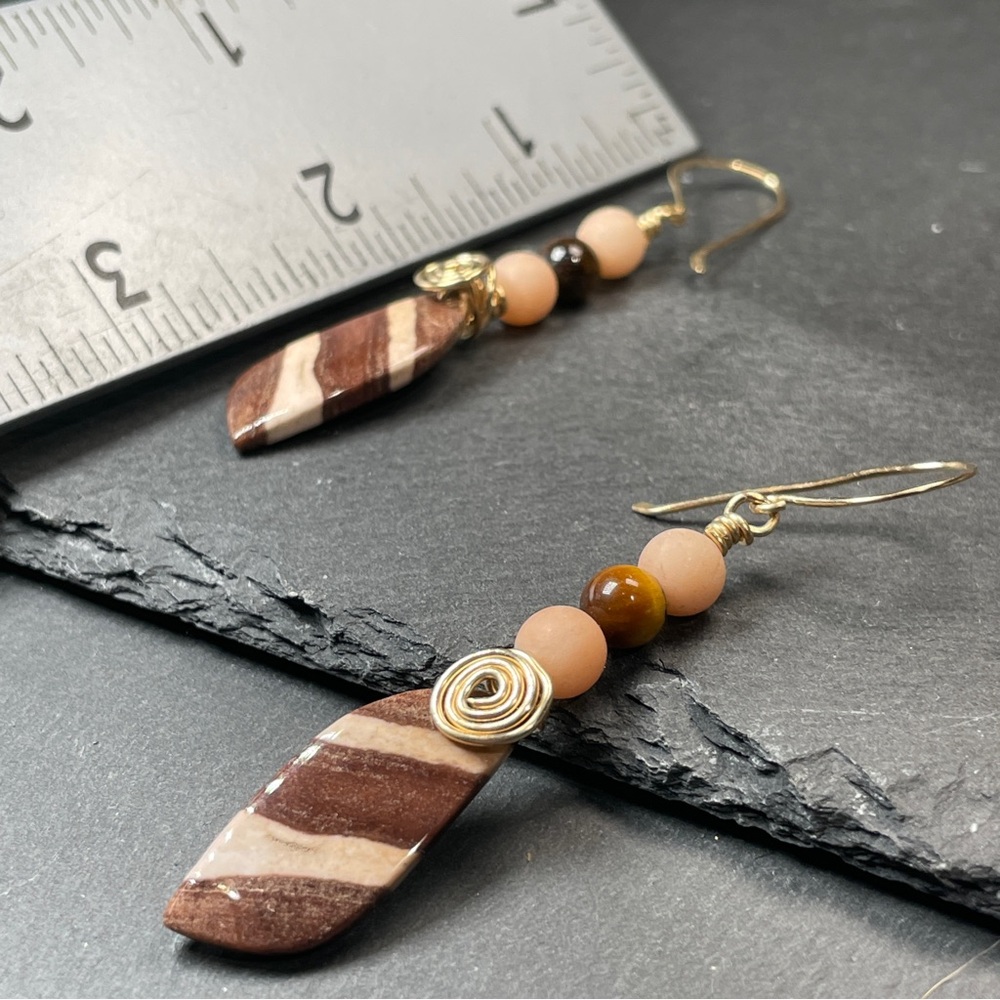 14k Gold Filled Wire Wrap
Zebra Jasper And Tiger’s Eye 
Gemstone Dangle Earrings - Picture 8 of 9
